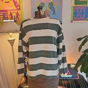 Vintage 1990s Benetton Wool Rollneck Sweater Green Rugby Stripe Made in Italy S